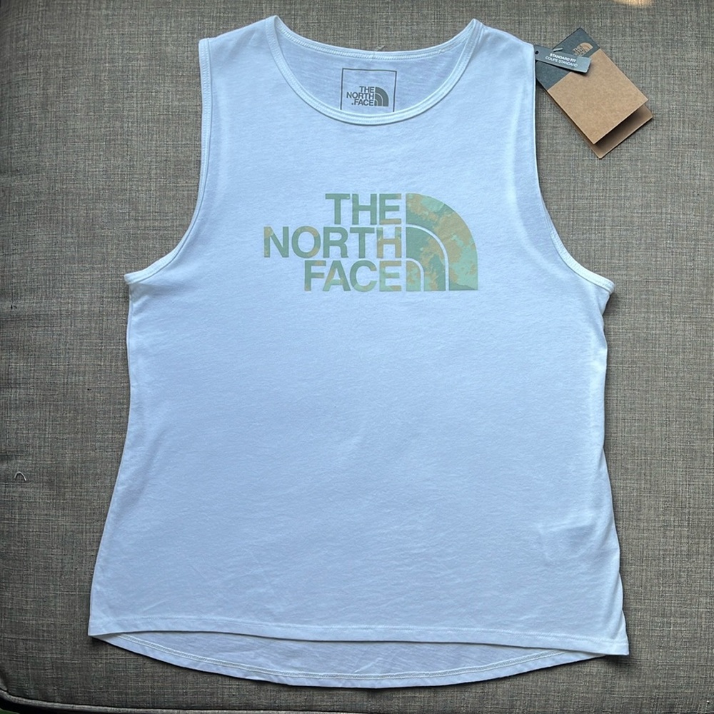 The North Face White Sleeveless Tank Top with Camo Graphic Small NWT